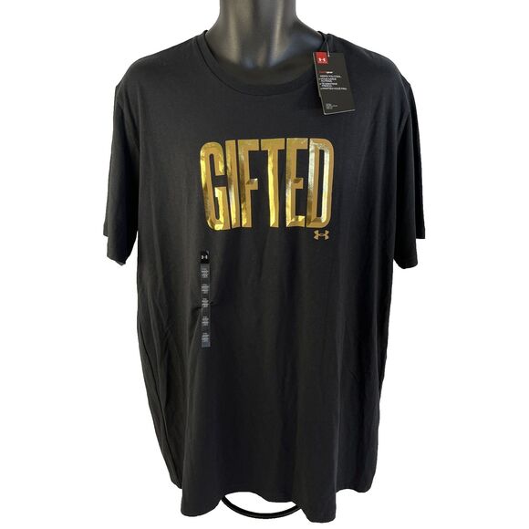 New Mens Under Armour “Gifted” Gold Foil T-Shirt Size XL NWT Black Loose Fit - Picture 1 of 9